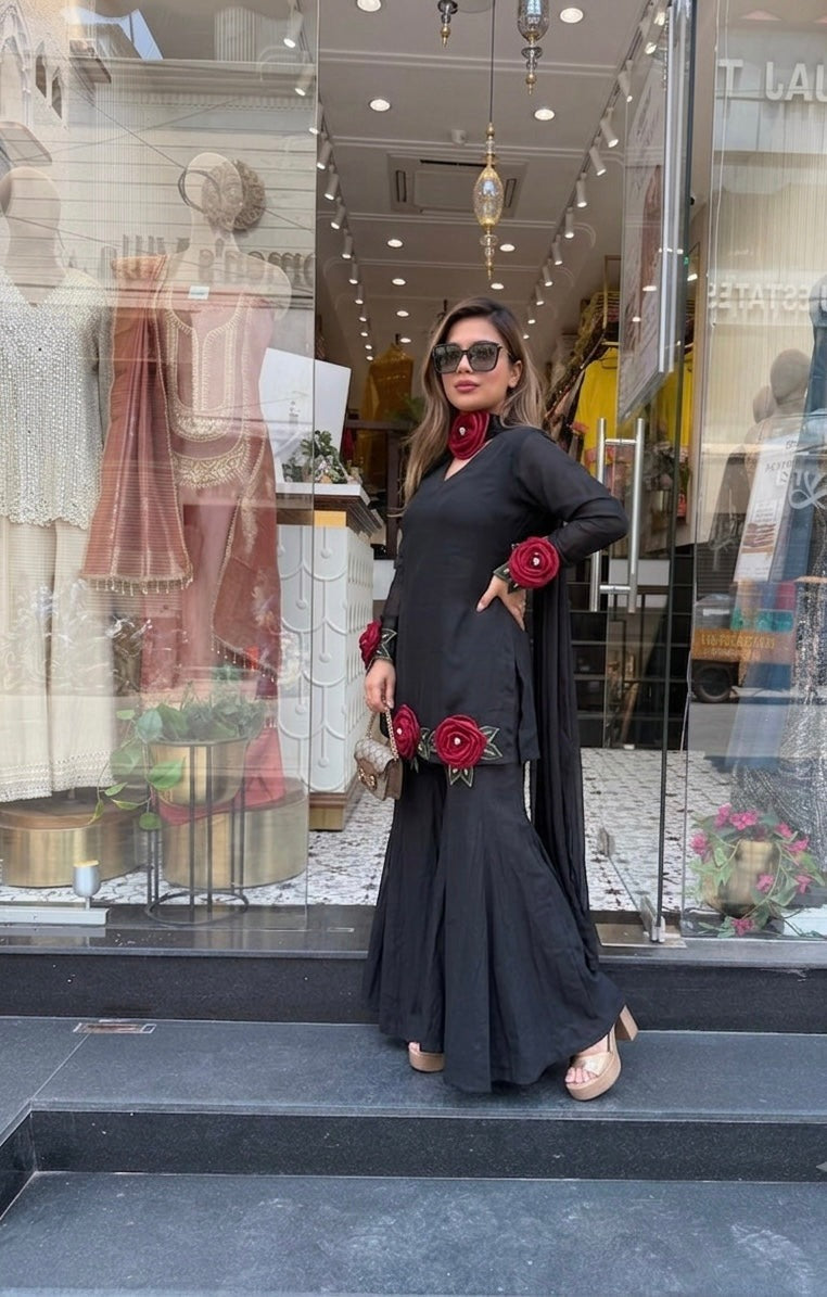 Black kurti set for women with handcrafted red rose work and palazzo