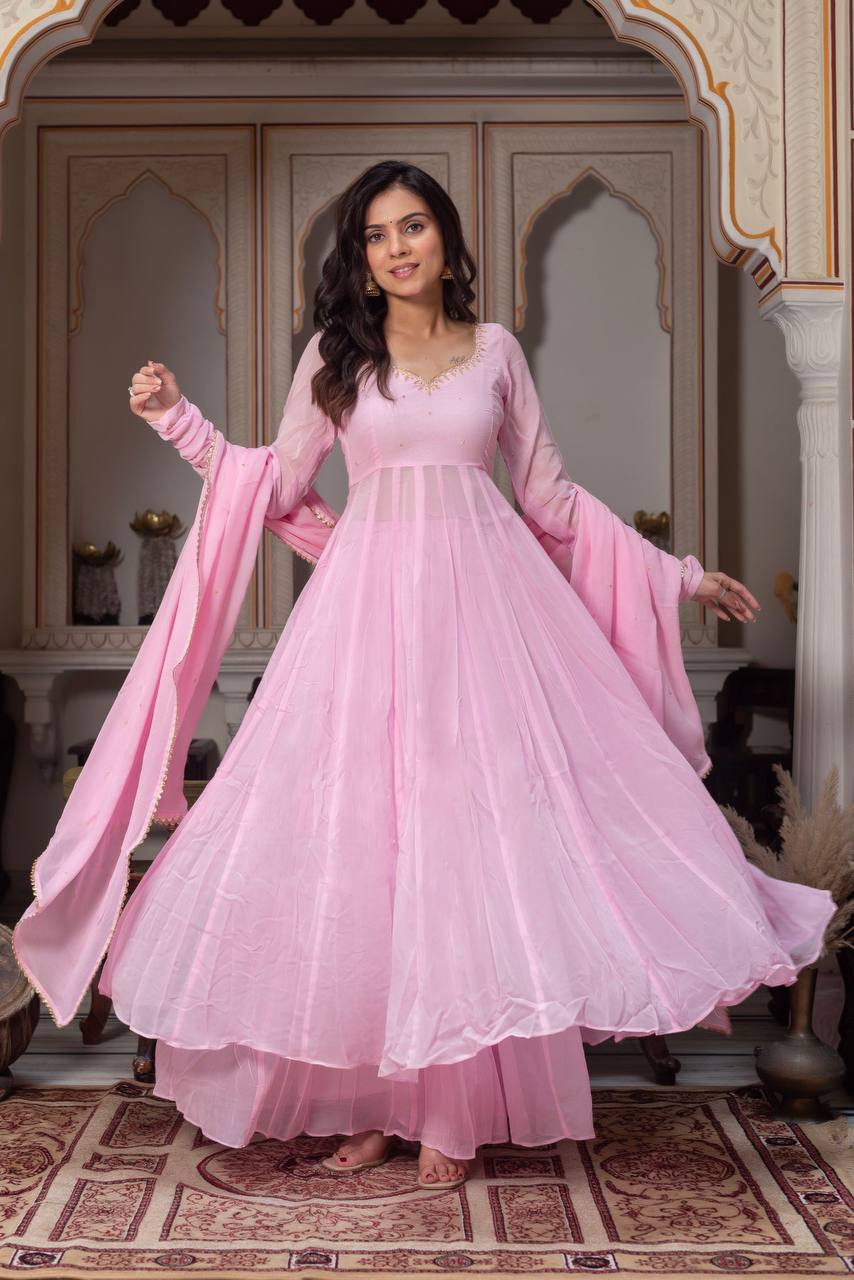 Baby Pink Anarkali Set – Fox Georgette with Palazzo & Dupatta