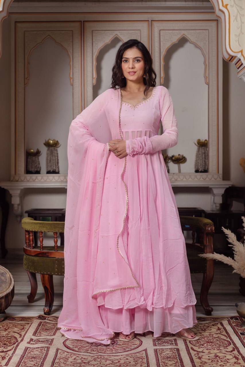 Baby Pink Anarkali Set – Fox Georgette with Palazzo & Dupatta