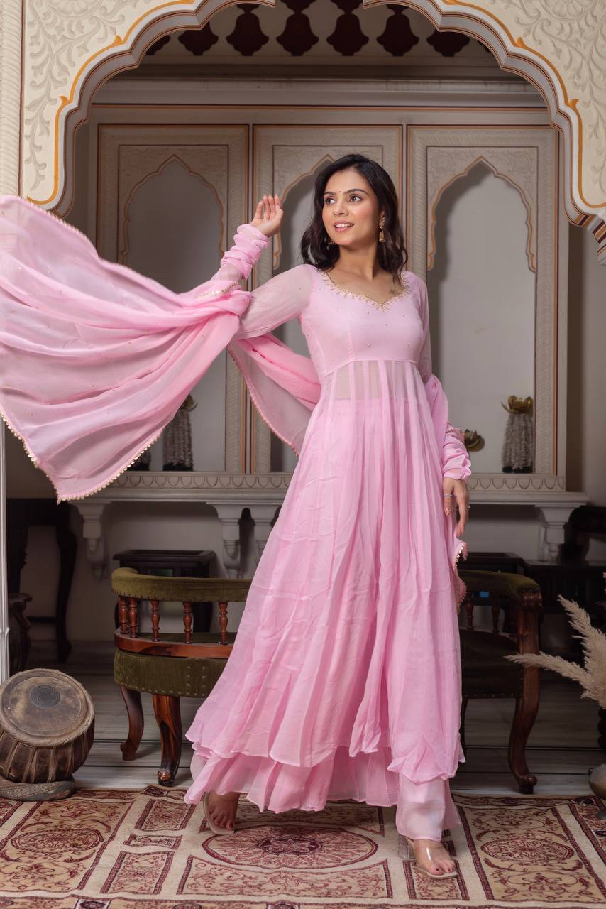 Baby Pink Anarkali Set – Fox Georgette with Palazzo & Dupatta