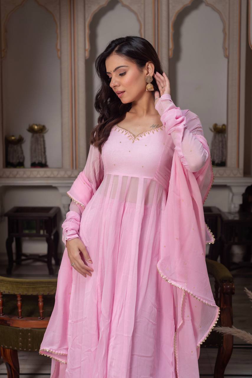 Baby Pink Anarkali Set – Fox Georgette with Palazzo & Dupatta