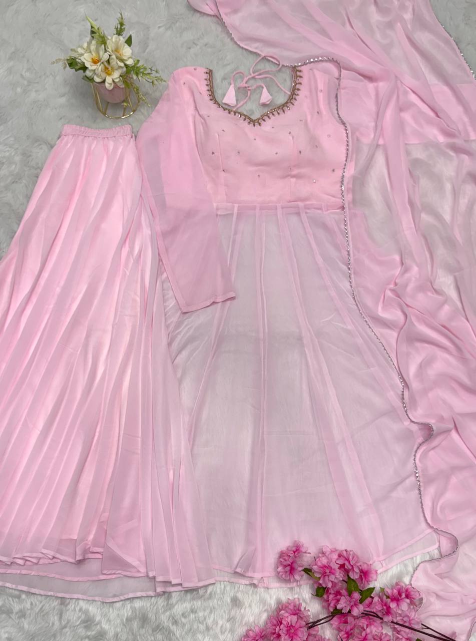 Baby Pink Anarkali Set – Fox Georgette with Palazzo & Dupatta