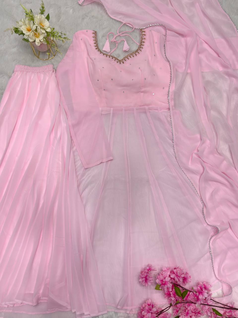 Baby Pink Anarkali Set – Fox Georgette with Palazzo & Dupatta