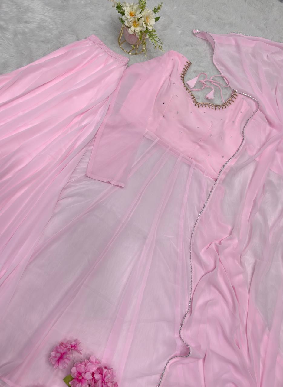 Baby Pink Anarkali Set – Fox Georgette with Palazzo & Dupatta