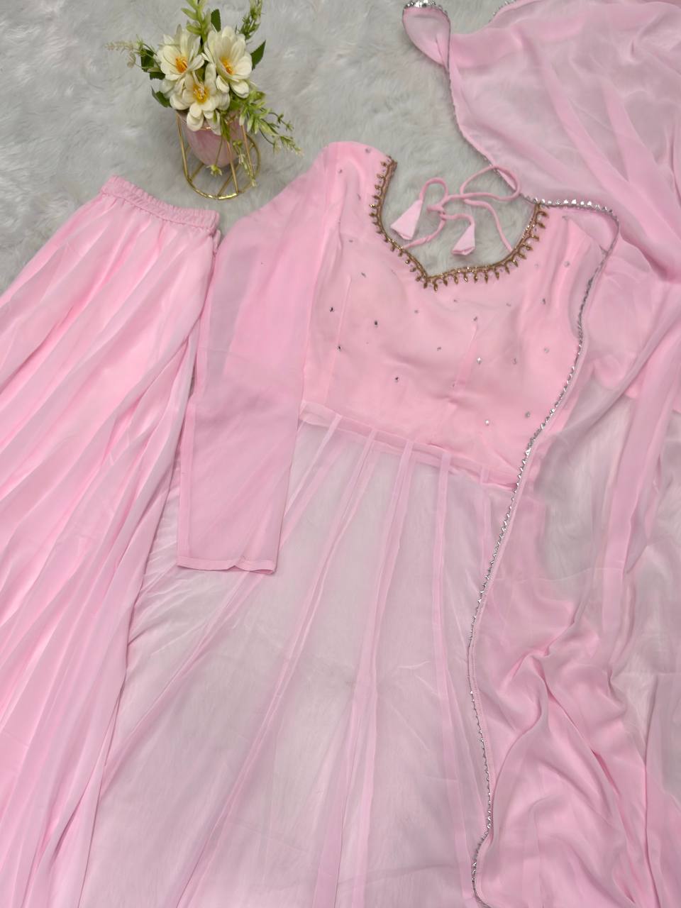 Baby Pink Anarkali Set – Fox Georgette with Palazzo & Dupatta