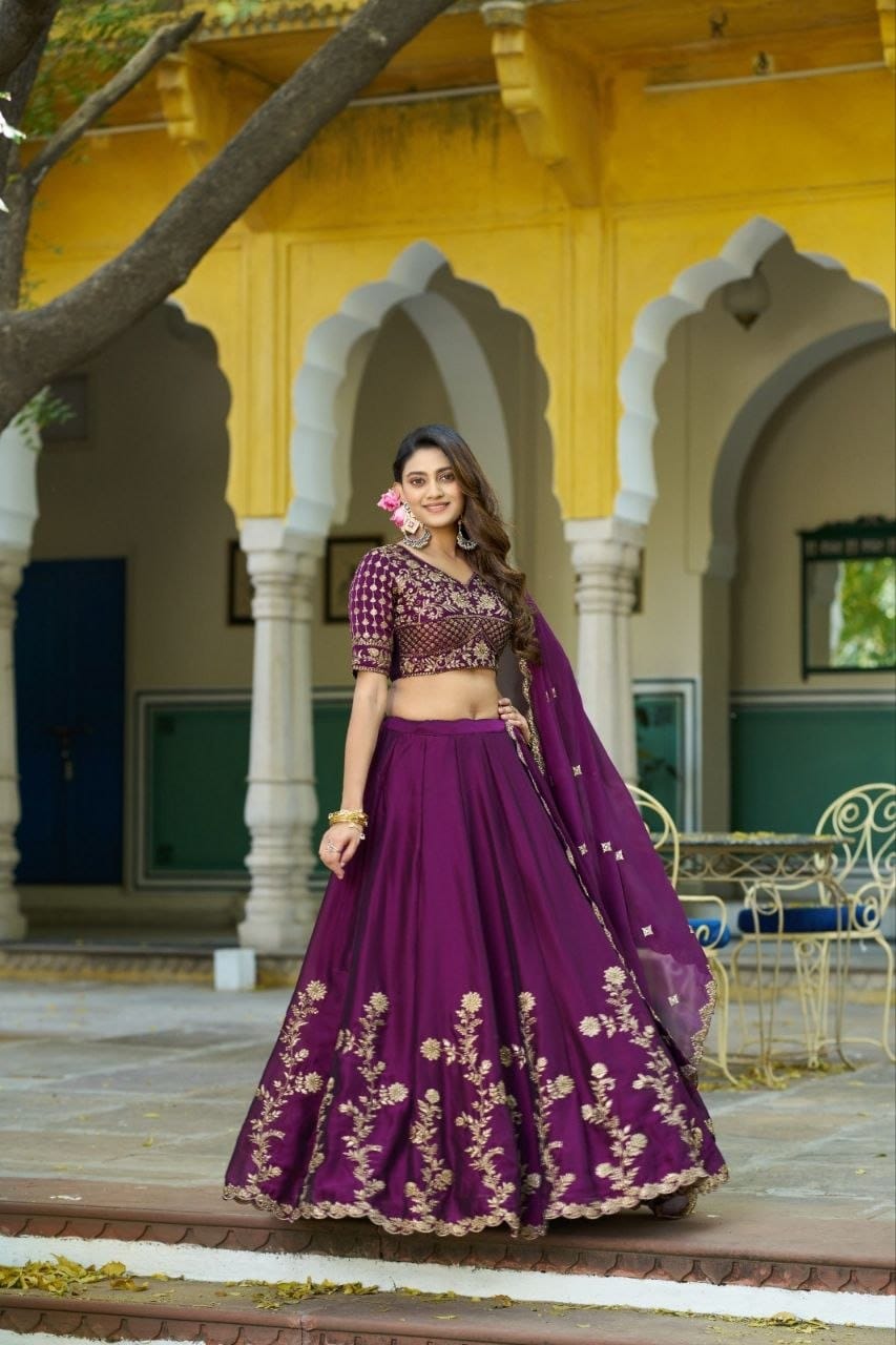 Plum Purple Embroidered Lehenga Set for Women