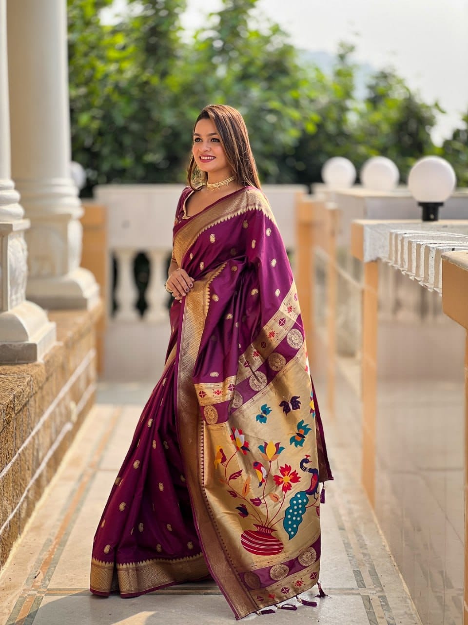 Wine Purple Designer Saree with Golden Border & Floral Pallu