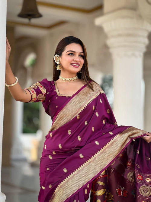 Wine Purple Designer Saree with Golden Border & Floral Pallu