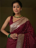 Wommella Wine Maroon Banarasi Style Saree with Zari Border & Buti Detailing