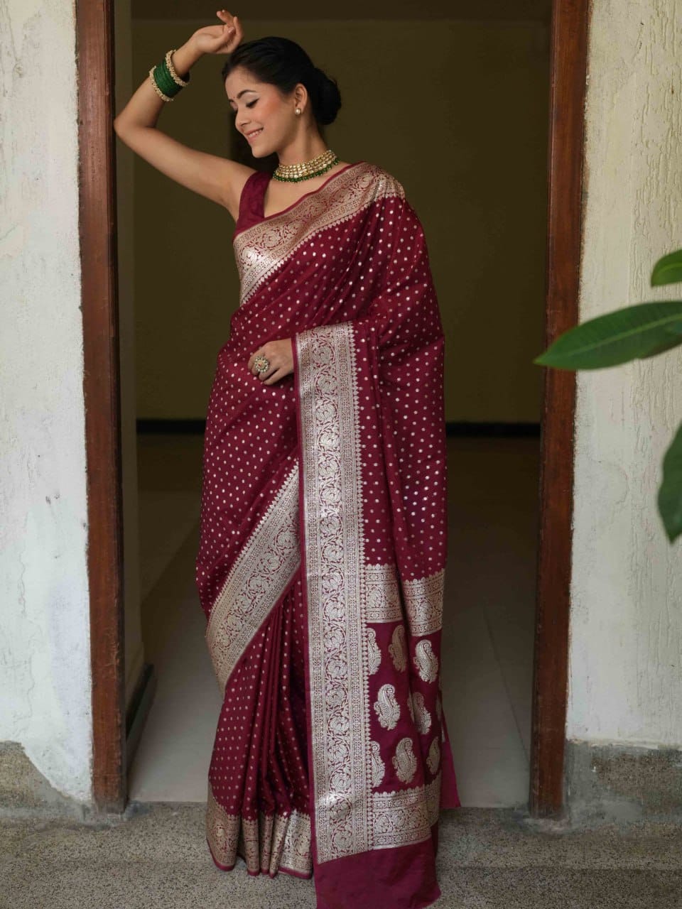 Wommella Wine Maroon Banarasi Style Saree with Zari Border & Buti Detailing