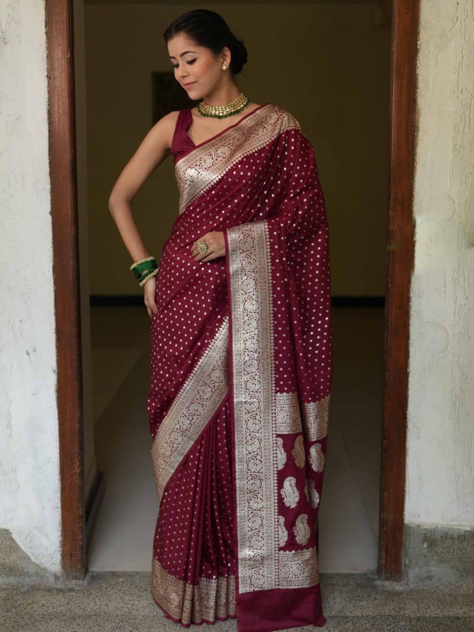 Wommella Wine Maroon Banarasi Style Saree with Zari Border & Buti Detailing