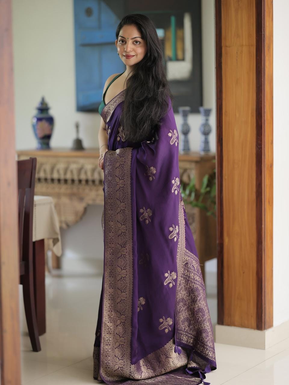 Wommella Royal Purple & Gold Floral Saree with Traditional Woven Border
