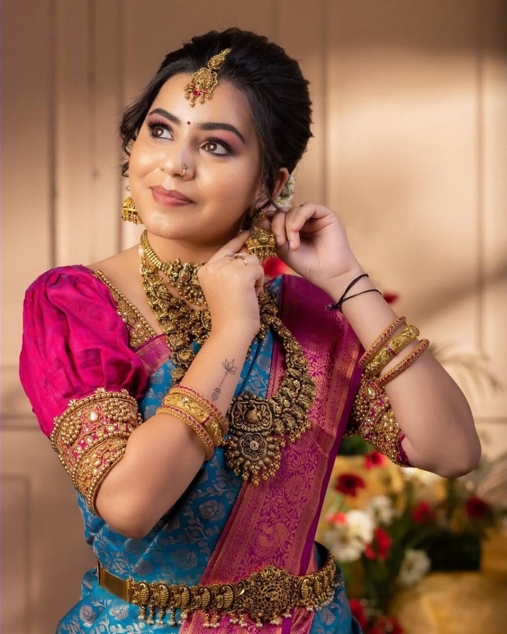 Wommella Blue Silk Saree with Gold Zari Motifs & Magenta Border