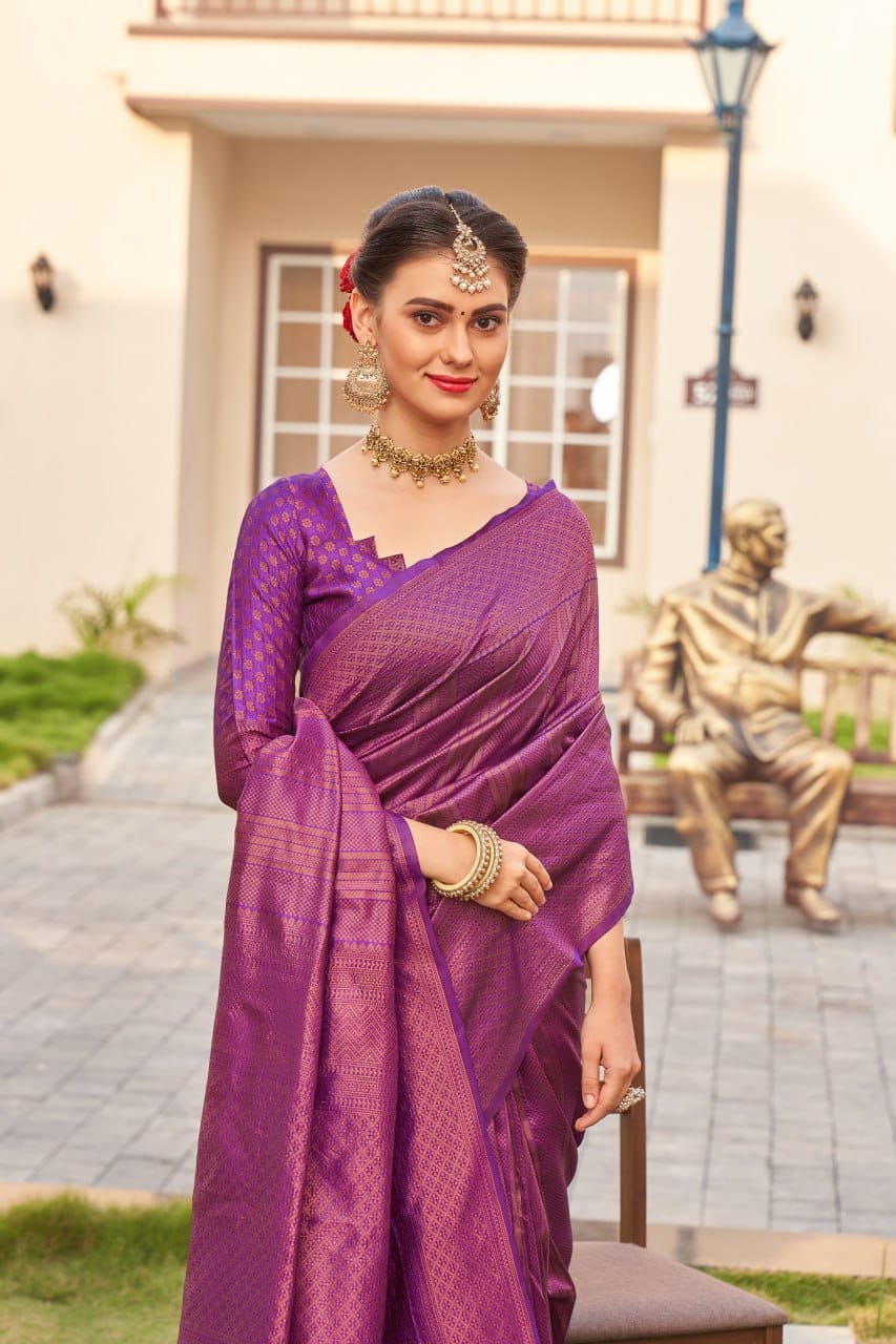 Wommella Purple Zari Woven Saree for Women