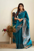 Wommella Teal Blue Zari Border Saree for Women