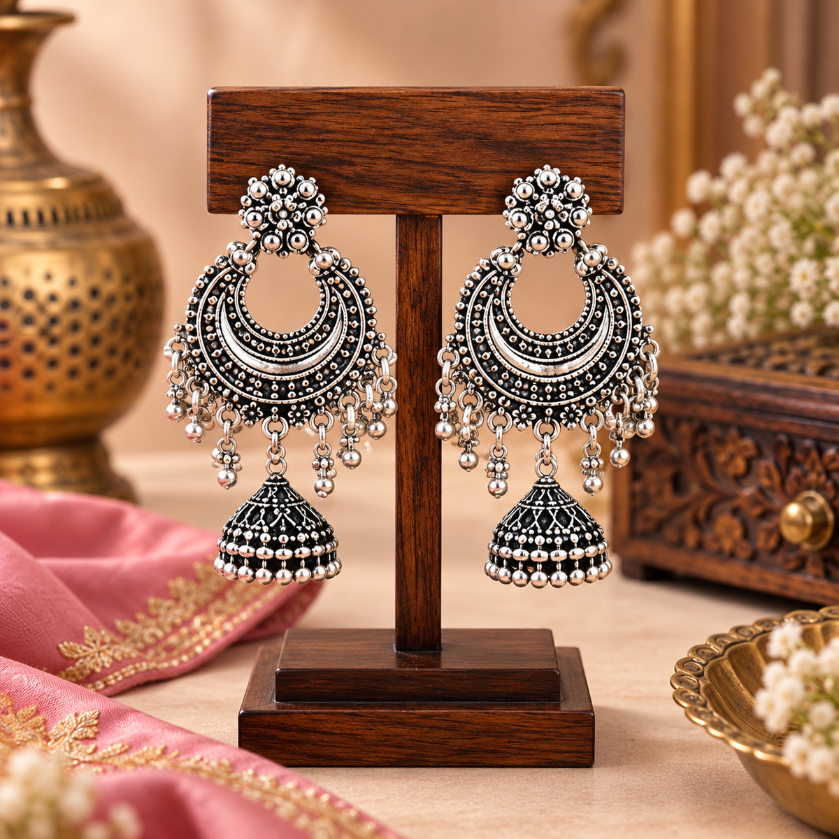 Oxidized Silver Chandbali Jhumka Earrings for Women | Traditional Ethnic Jewellery