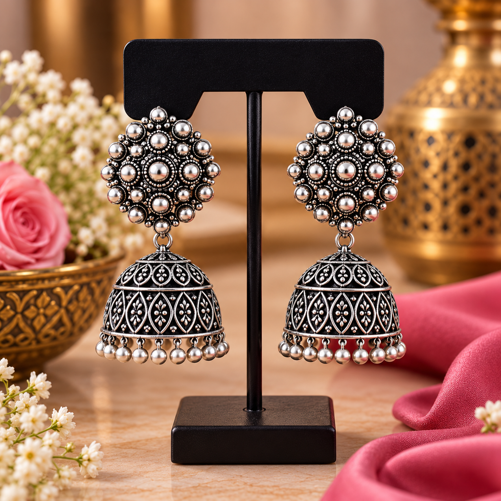Oxidized Silver Chandbali Jhumka Earrings for Women | Traditional Ethnic Jewellery