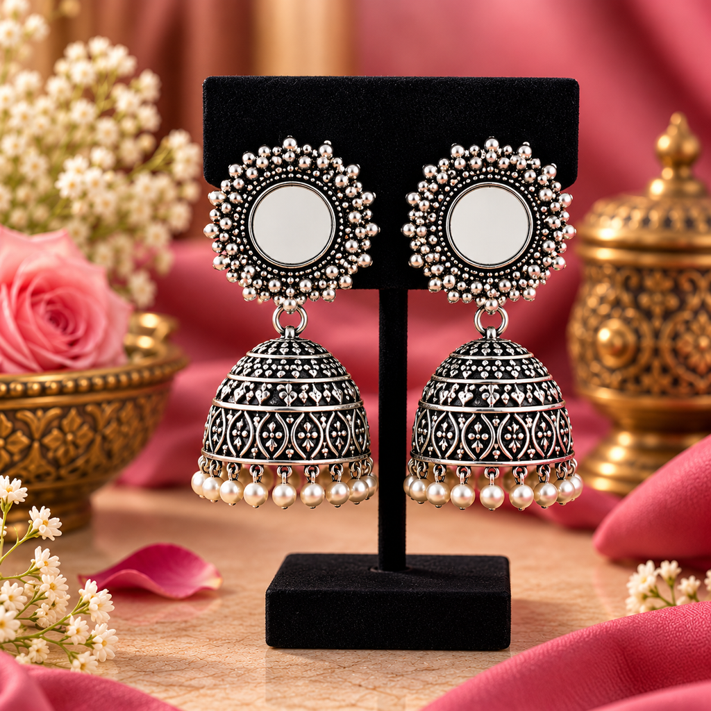 Oxidized Silver Chandbali Jhumka Earrings for Women | Traditional Ethnic Jewellery