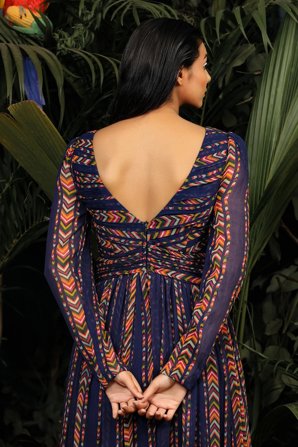 Navy Blue Chevron Digital Print Georgette Gown by Wommella - view 1