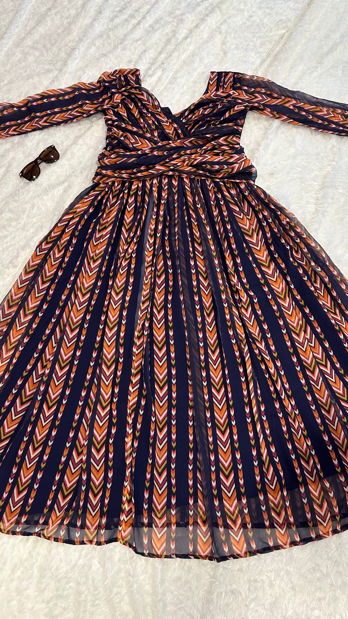 Navy Blue Chevron Digital Print Georgette Gown by Wommella - view 2