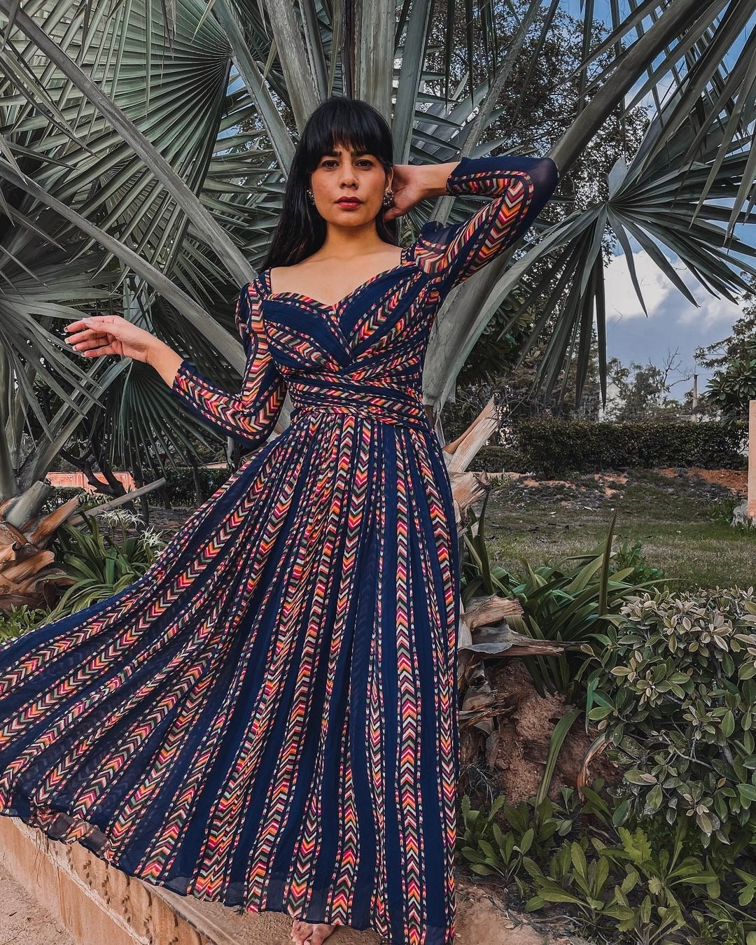 Navy Blue Chevron Digital Print Georgette Gown by Wommella - view 3