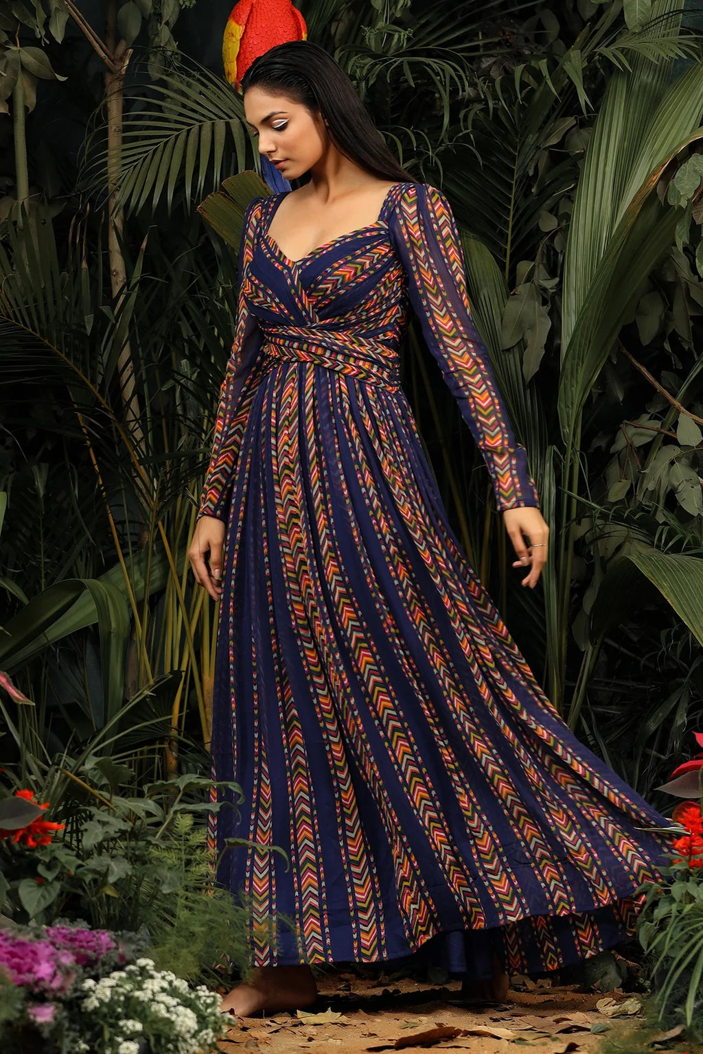 Navy Blue Chevron Digital Print Georgette Gown by Wommella - view 4