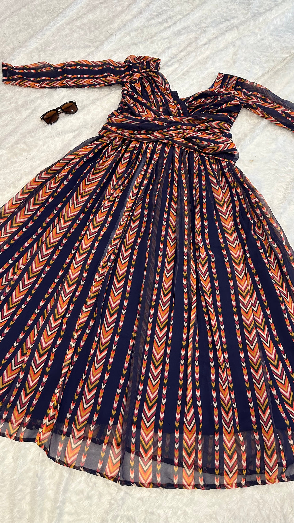 Navy Blue Chevron Digital Print Georgette Gown by Wommella - view 5