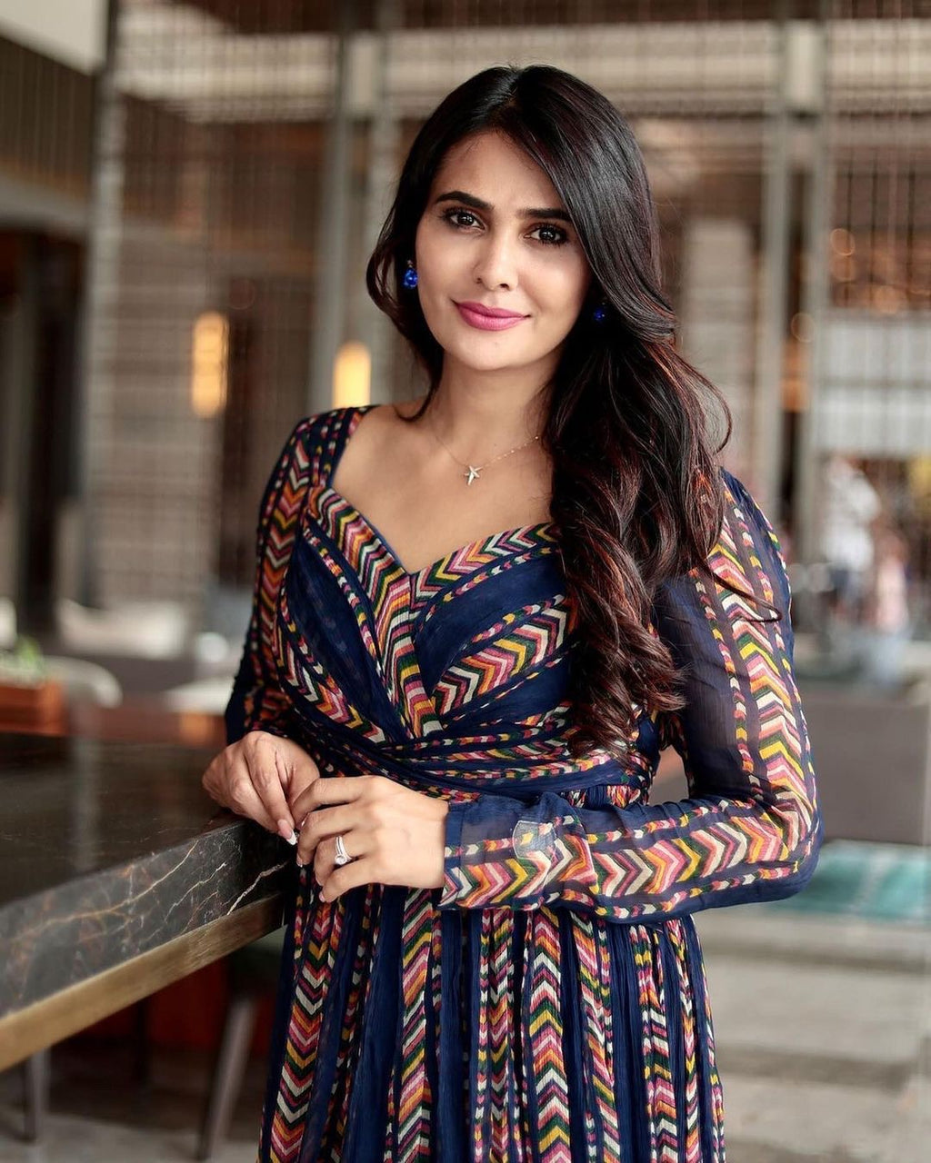 Navy Blue Chevron Digital Print Georgette Gown by Wommella - view 7