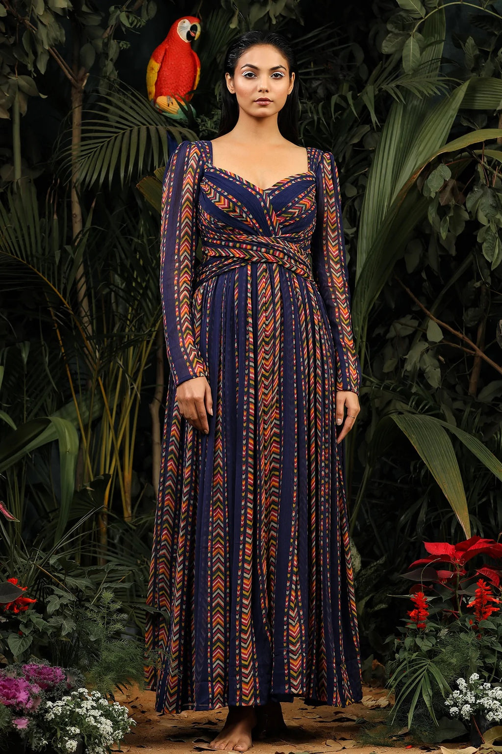 Navy Blue Chevron Digital Print Georgette Gown by Wommella - view 8