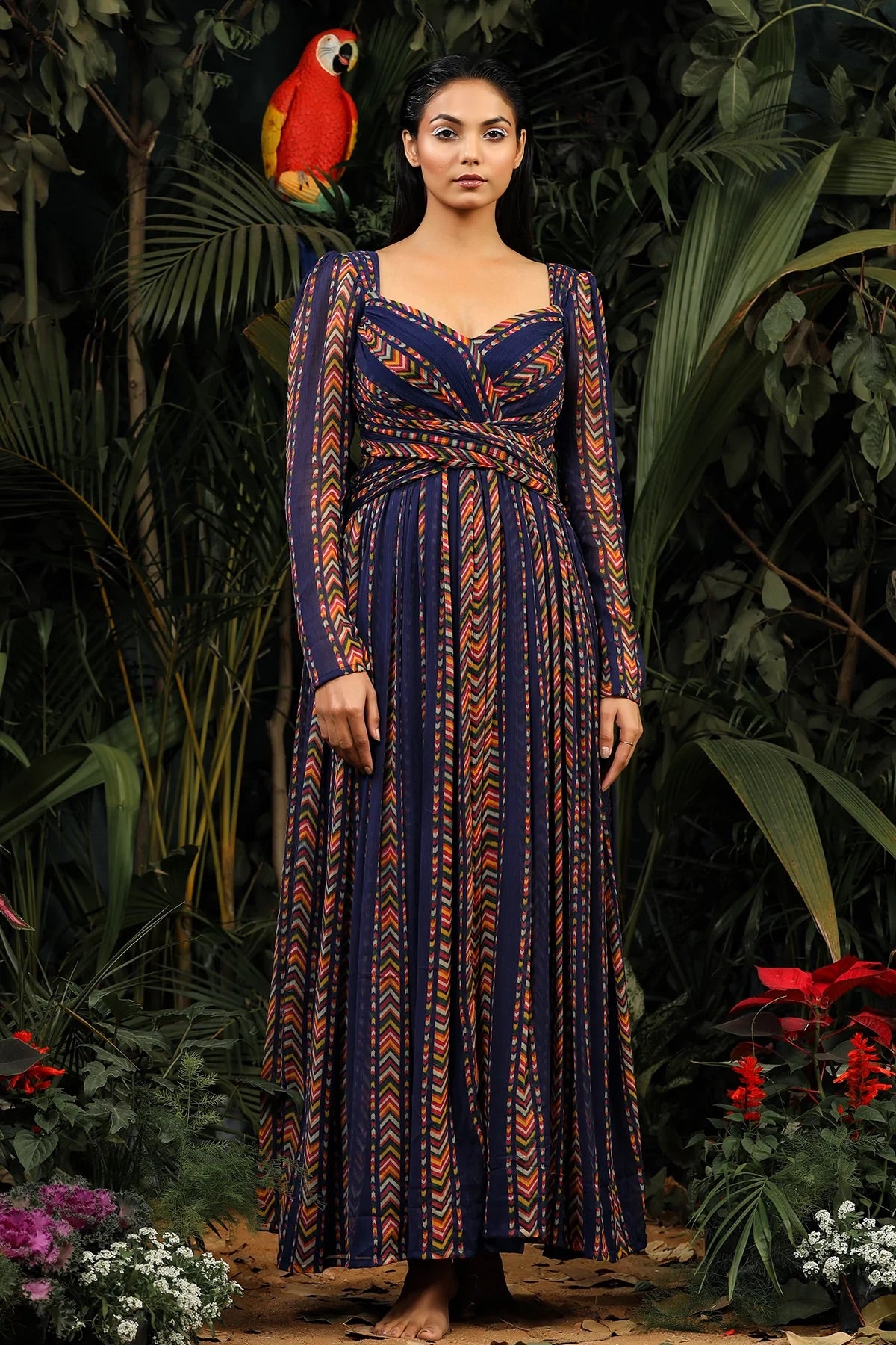 Navy Blue Chevron Digital Print Georgette Gown by Wommella - view 8