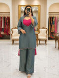 Teal blue mirror work kurti set for women with palazzo and dupatta front view