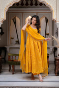 Mustard yellow Anarkali set for women Chanderi jacquard mirror work front view