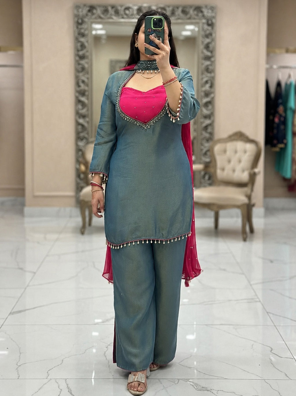 Teal blue kurti set mirror work neckline and pearl bustier close up
