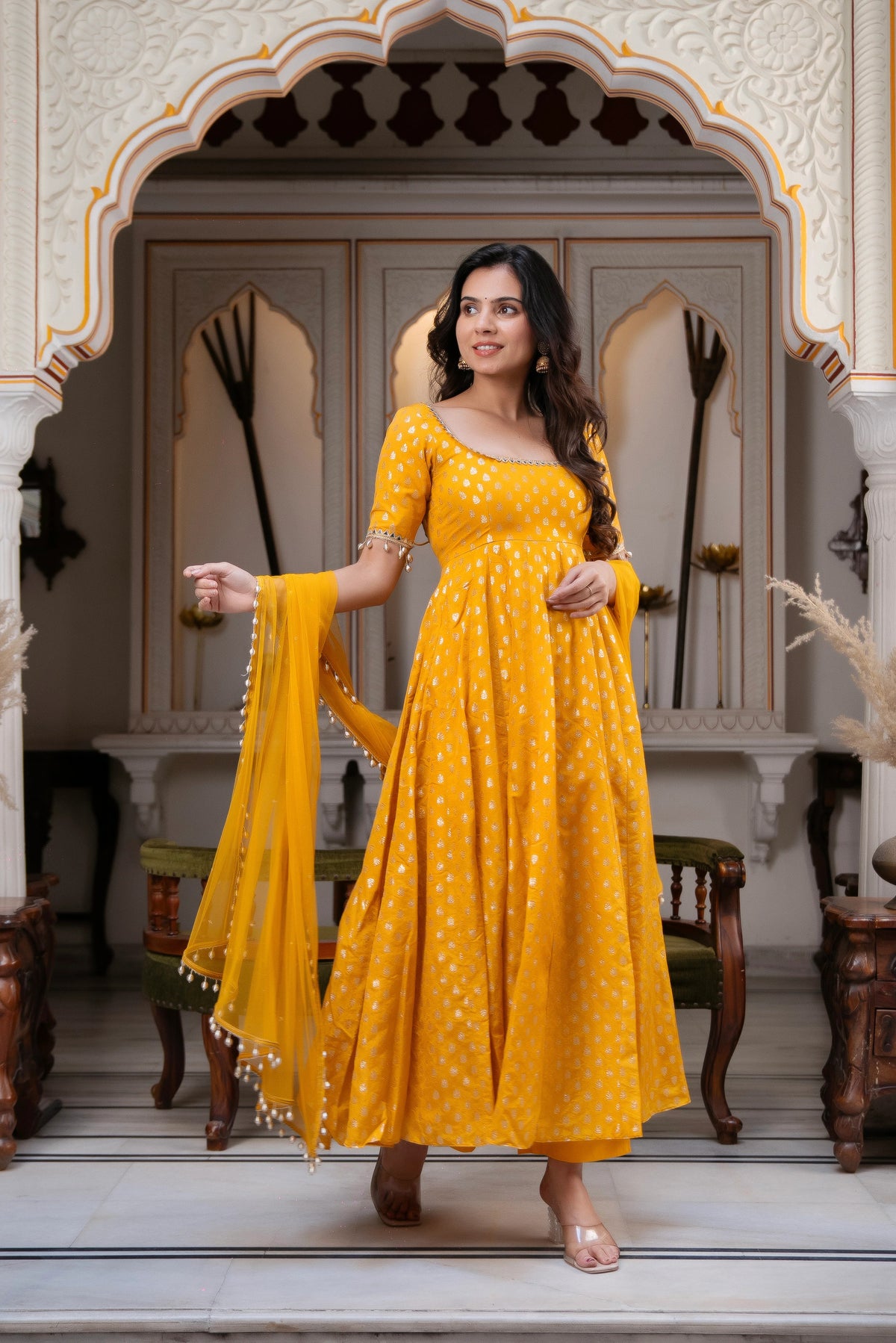 Mustard yellow Anarkali suit set with soft net dupatta lace border full look