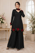 Black Roman silk kurti set with rose embroidery palazzo full look
