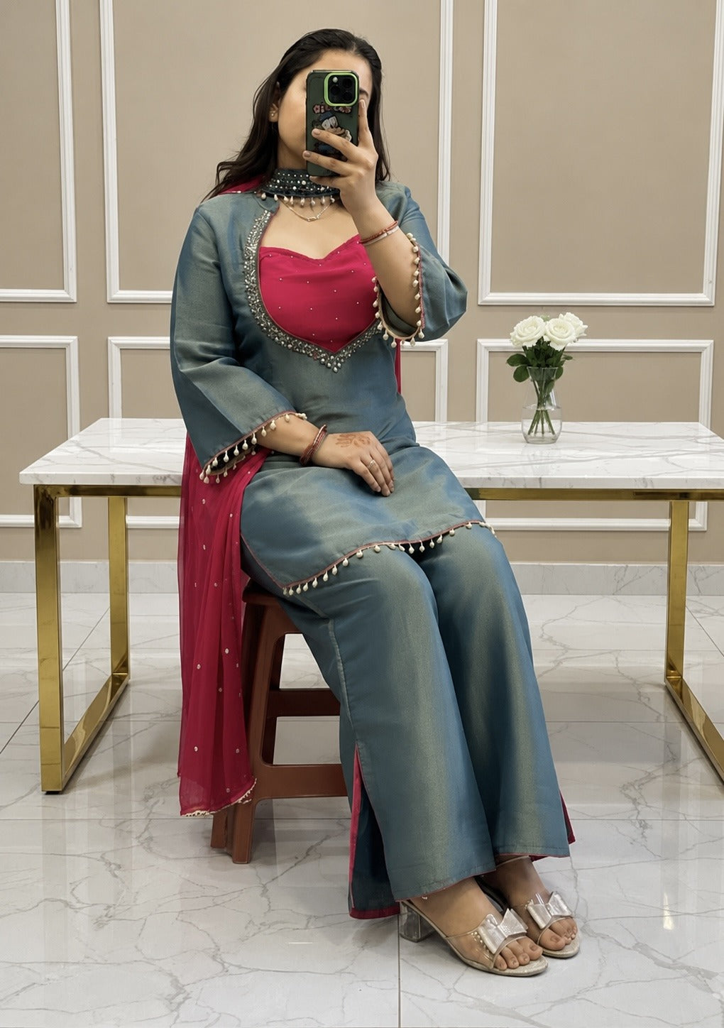 Teal blue palazzo set with Fendy silk dupatta pearl mirror detailing