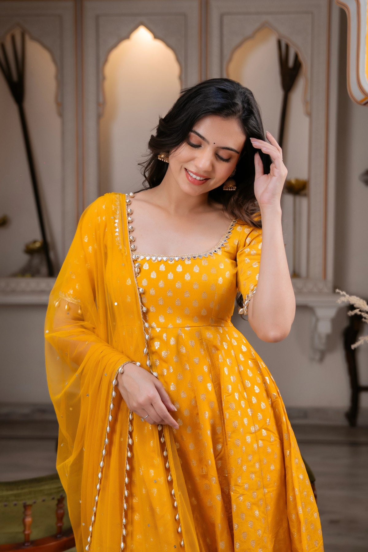 Mustard yellow mirror work Anarkali dress festive ethnic wear women