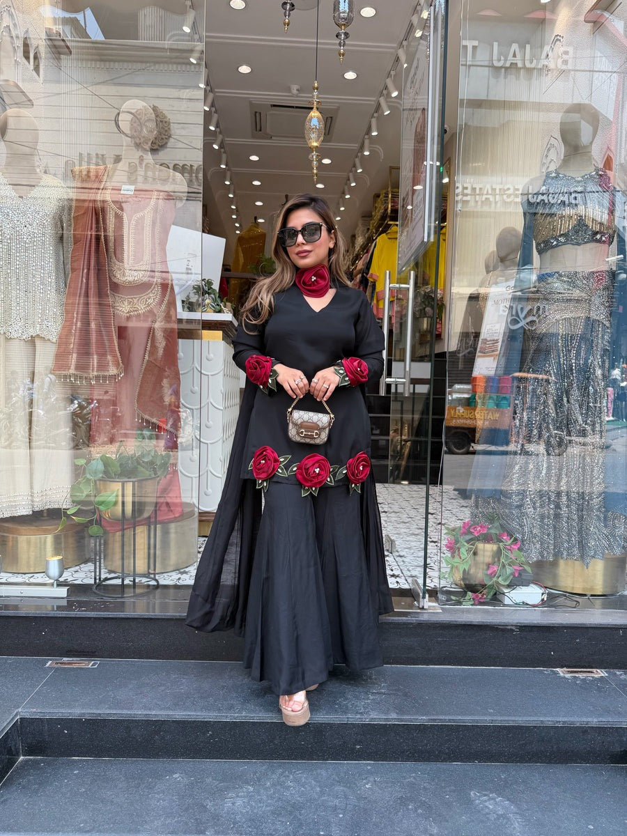 Black kurti palazzo set women festive party ethnic wear
