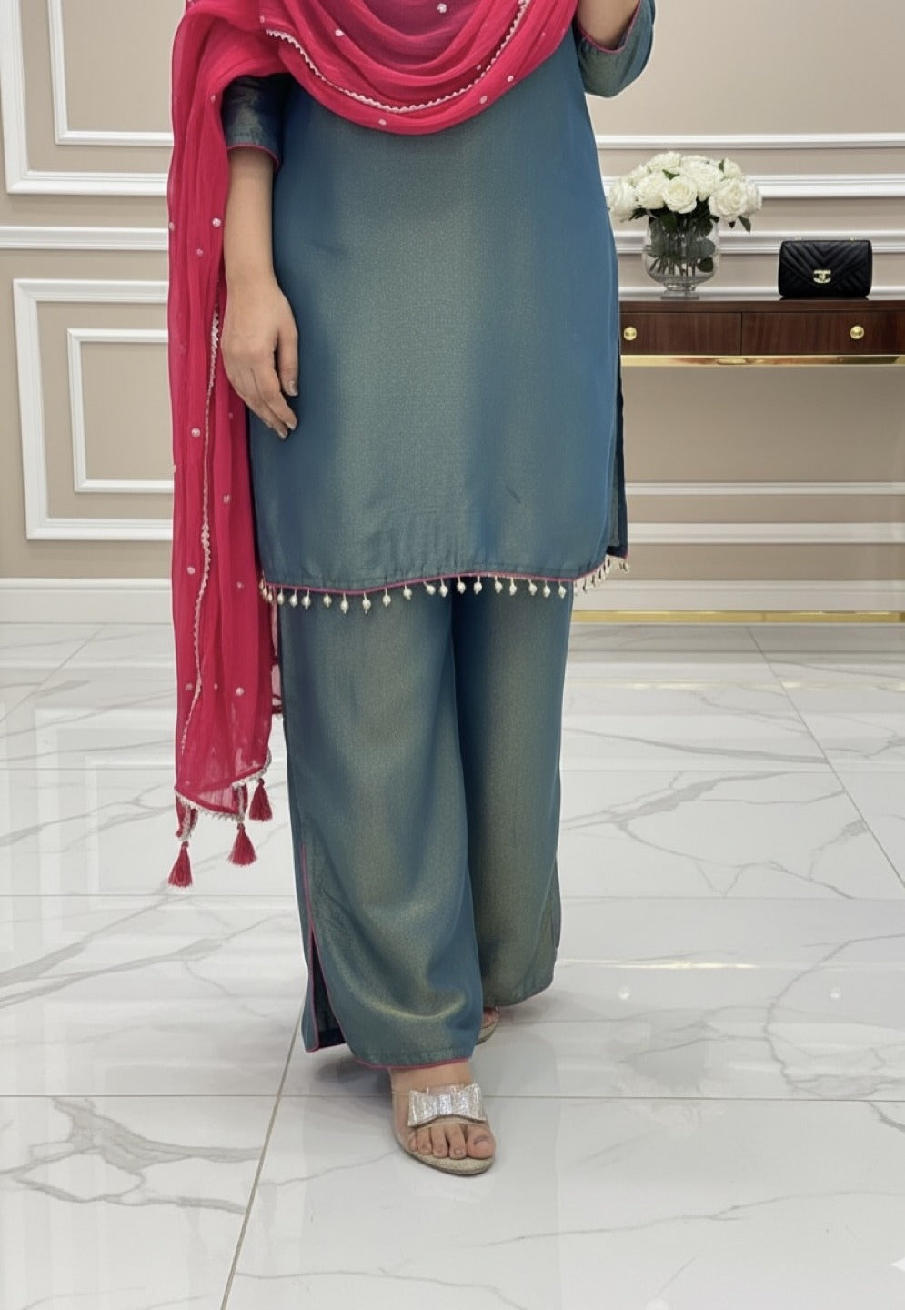 Teal blue Roman glass silk kurti set festive ethnic wear for women