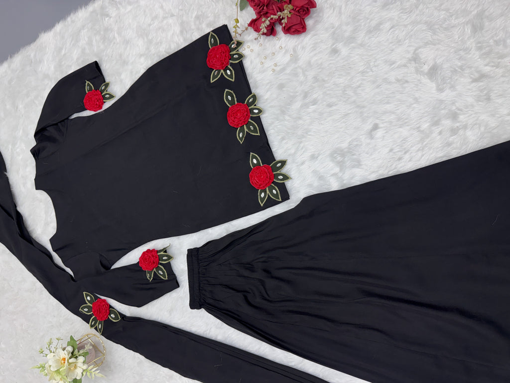Black kurti set hand flower work dupatta and divider palazzo