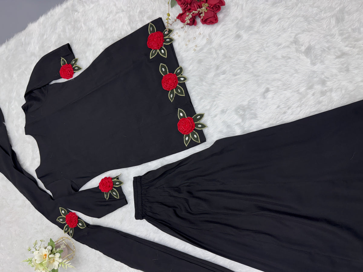 Black kurti set hand flower work dupatta and divider palazzo