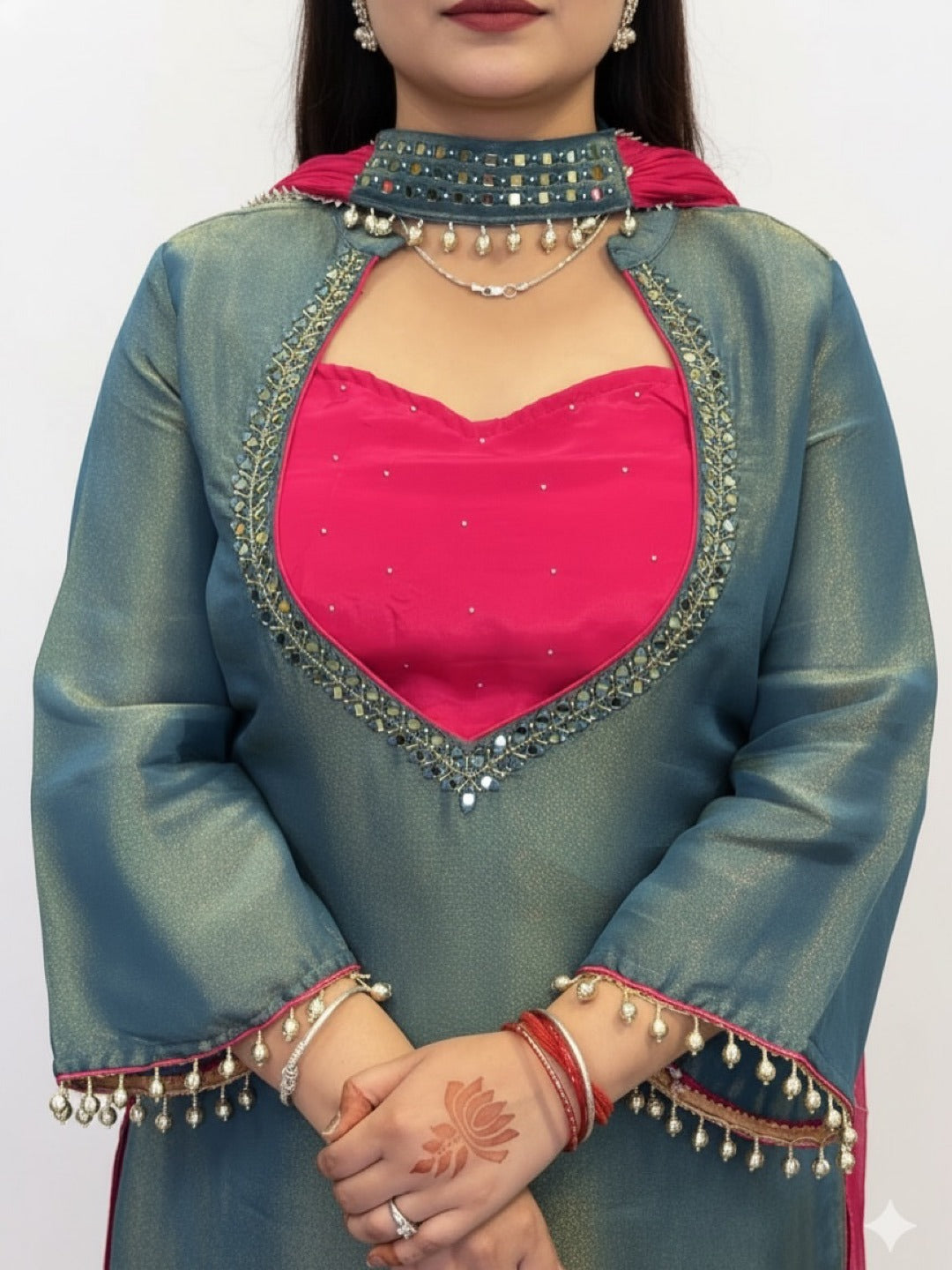 Teal blue kurti palazzo set side slit design full look