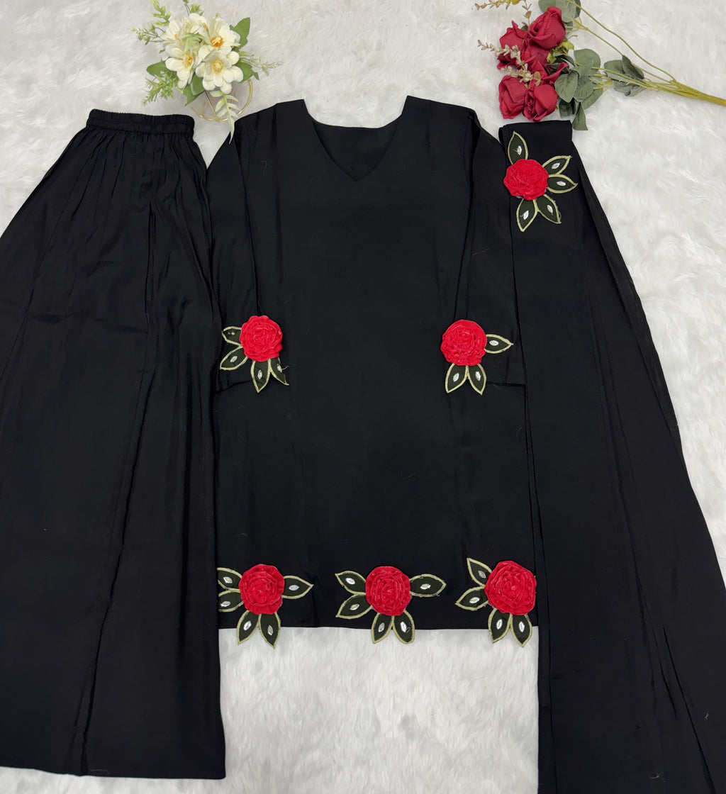 Black kurti set rose work design back view women ethnic set