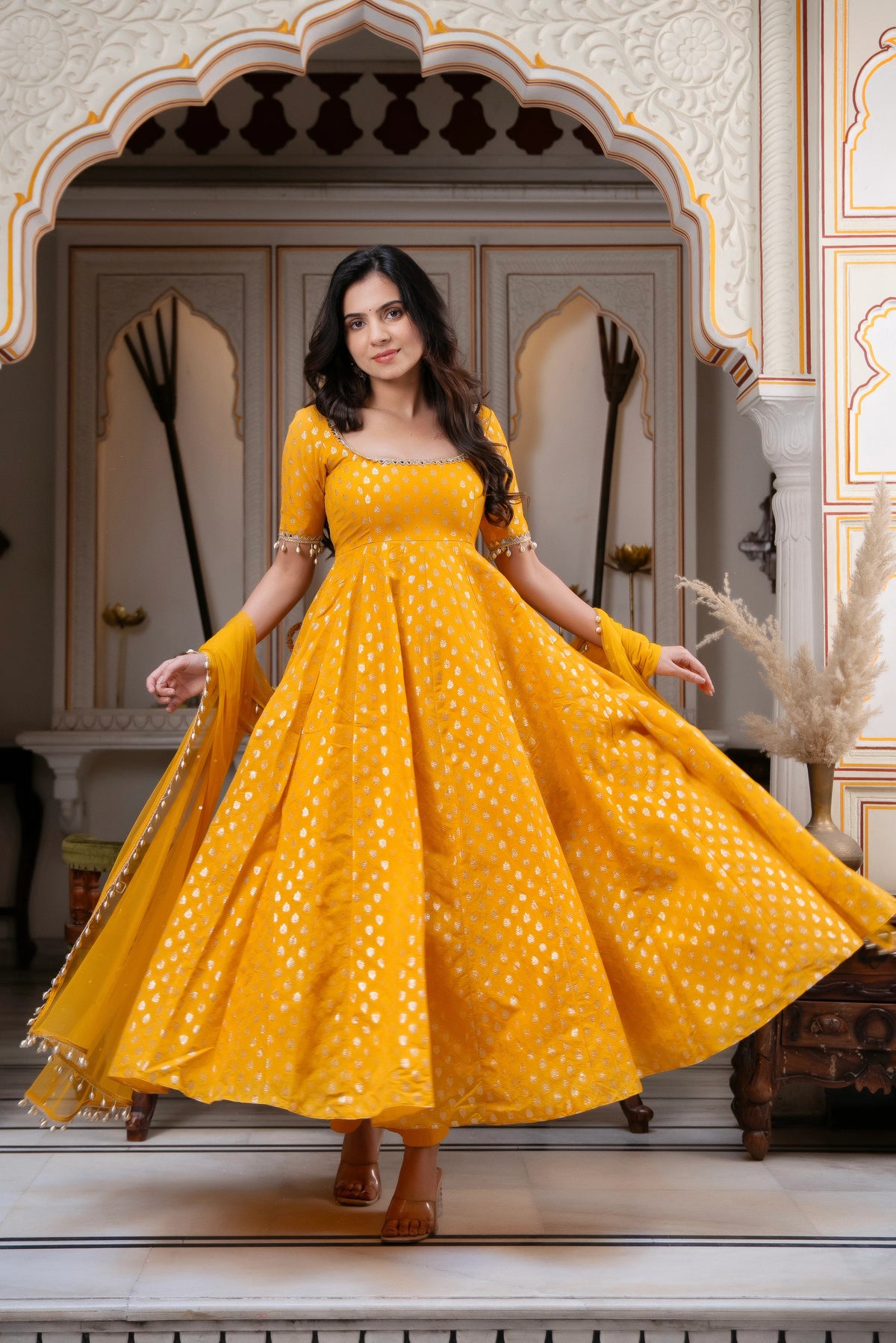 Mustard yellow Anarkali back detail mirror trim festive outfit women