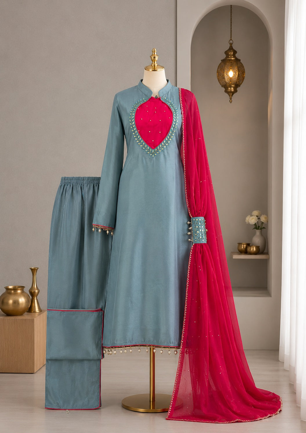 Teal blue mirror work ethnic set dupatta and palazzo detail view