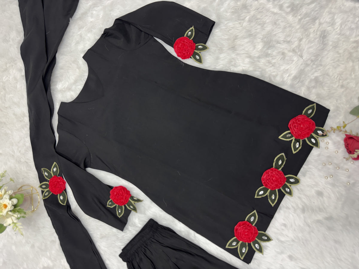Black kurti set rose handwork detail palazzo set women