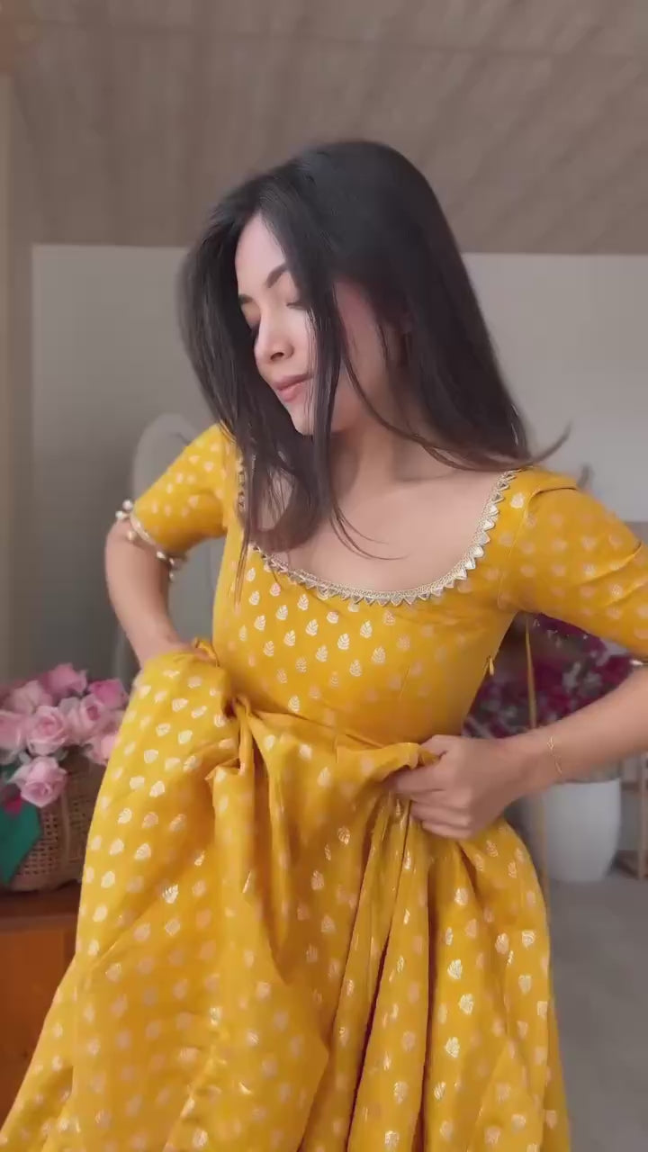 Mustard Yellow Mirror Work Anarkali Set with Dupatta