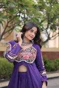 Women's Purple Embroidered Ethnic Co-Ord Set with Long Shrug & Palazzo