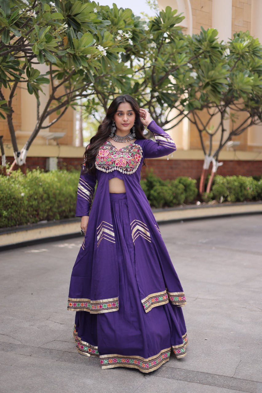 Women's Purple Embroidered Ethnic Co-Ord Set with Long Shrug & Palazzo