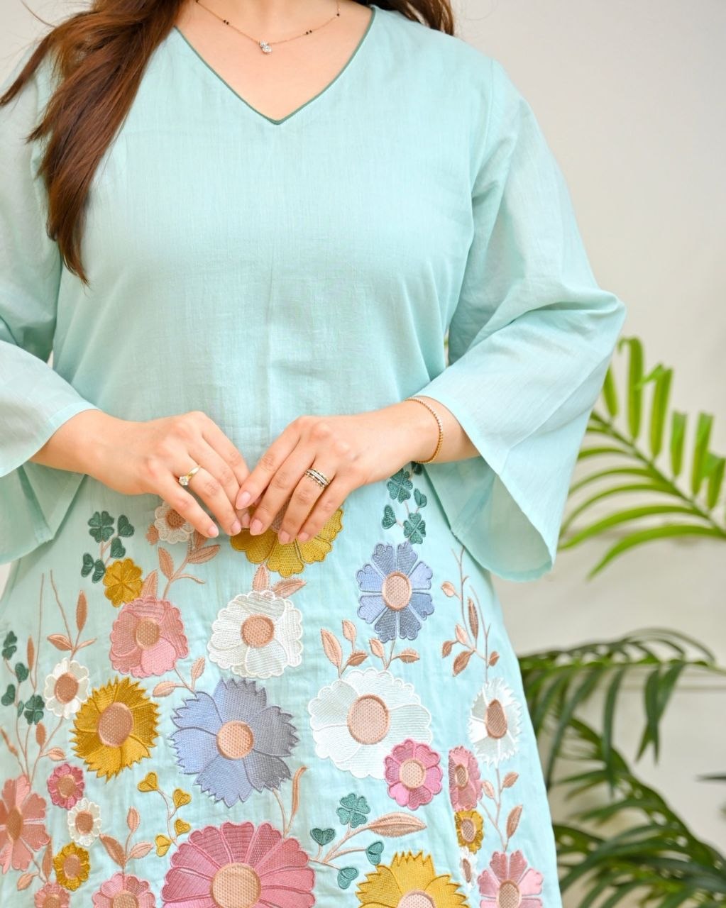Blue Embroidered Co-Ord Set for Women | Mal Chanderi Kurta Pant Set